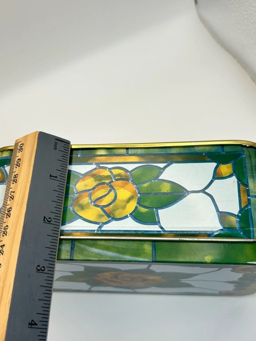 Vintage Stained glass Rose Tin Rectangular Storage Box Green White Orange Yellow